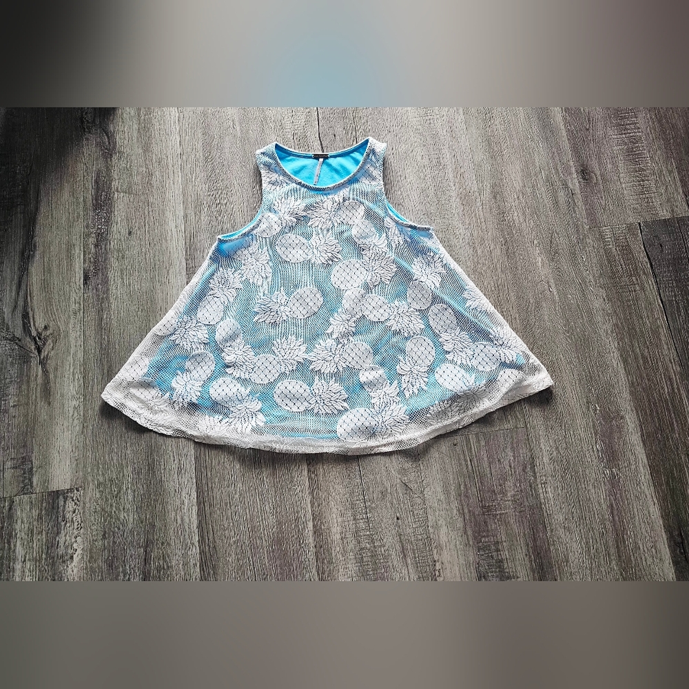 Blue White Sheer Netted Pineapple Kids Sleeveless Top Poof Girl